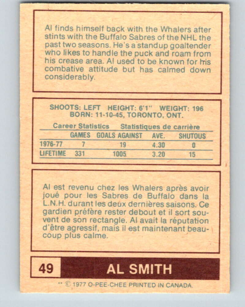 1977-78 WHA O-Pee-Chee #49 Al Smith  New England Whalers  V7889