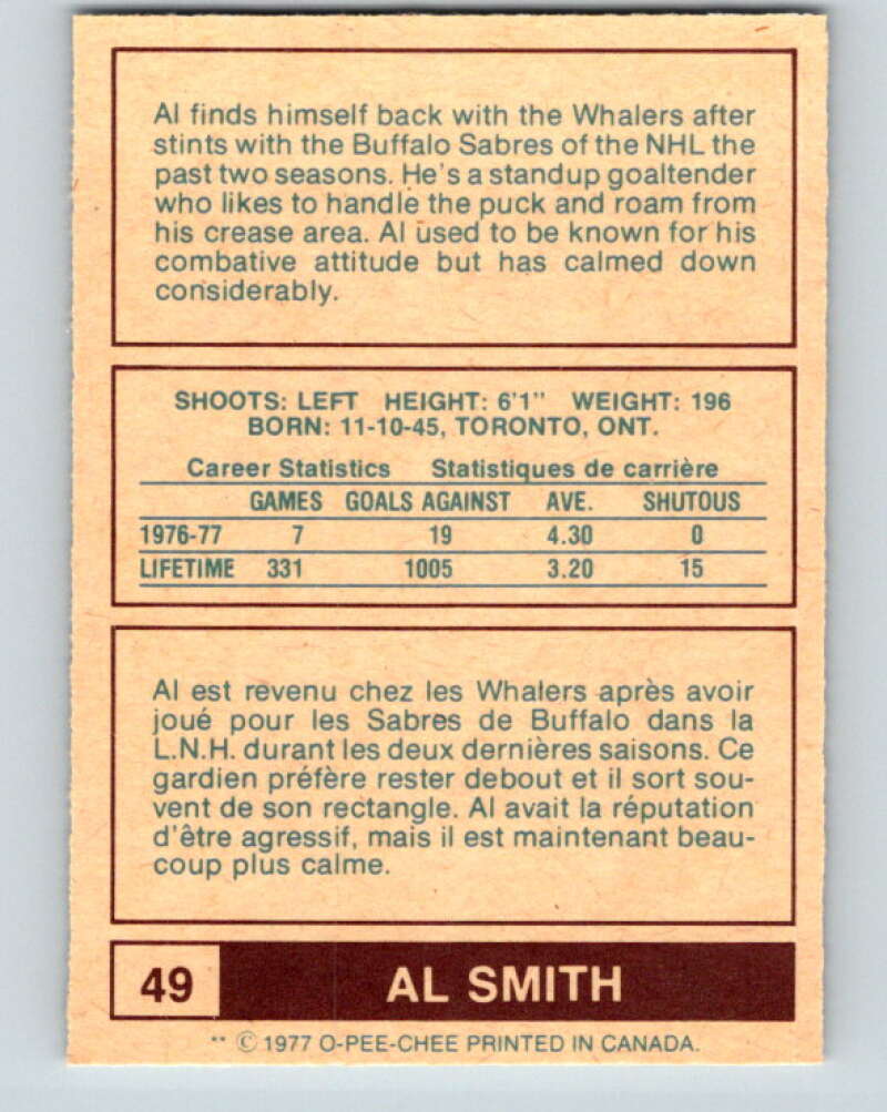 1977-78 WHA O-Pee-Chee #49 Al Smith  New England Whalers  V7891