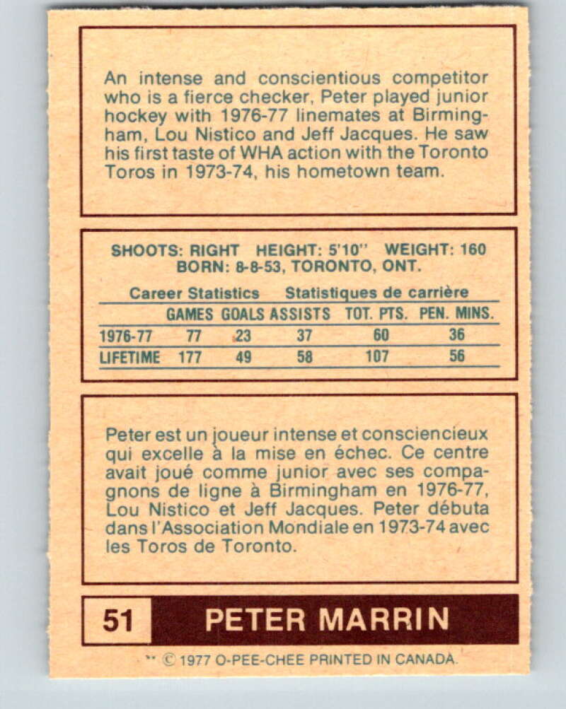 1977-78 WHA O-Pee-Chee #51 Peter Marrin  Birmingham Bulls  V7894