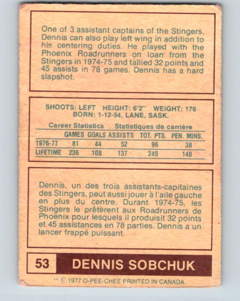 1977-78 WHA O-Pee-Chee #53 Dennis Sobchuk  Cincinnati Stingers  V7898