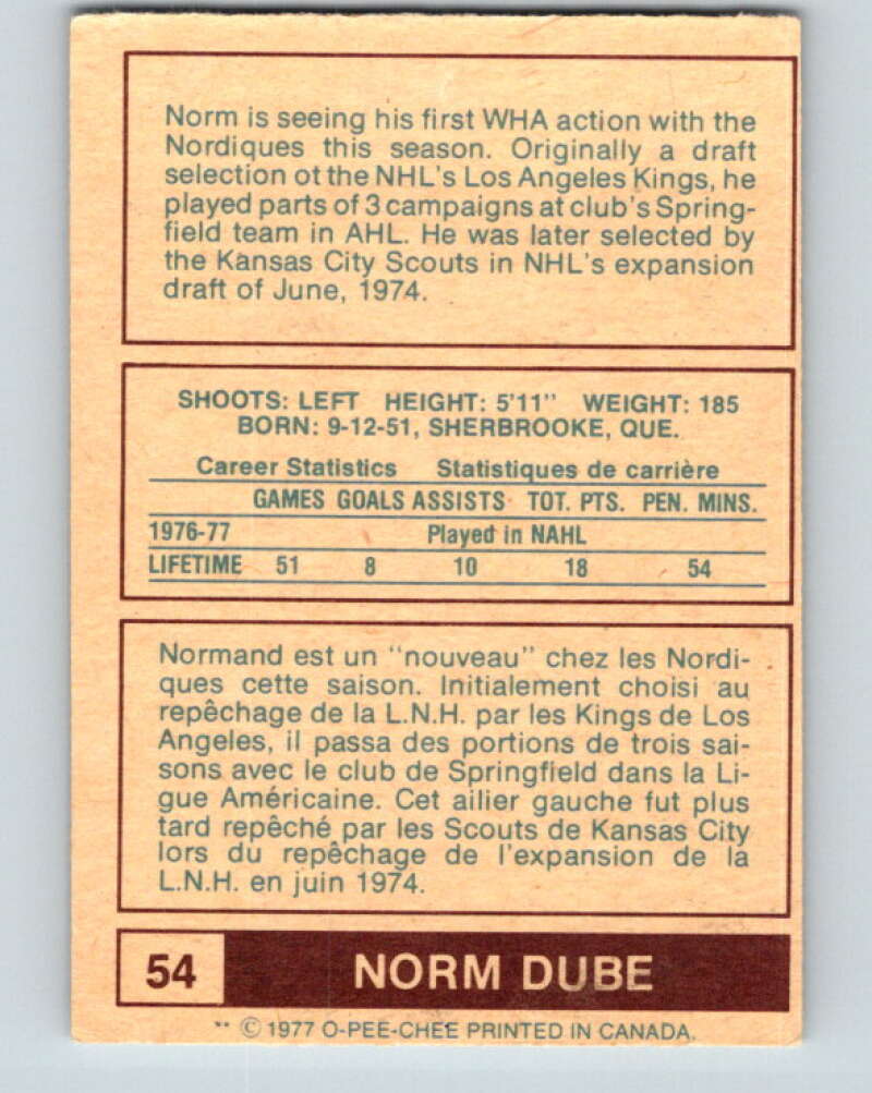 1977-78 WHA O-Pee-Chee #54 Norm Dube  RC Rookie Quebec Nordiques  V7900