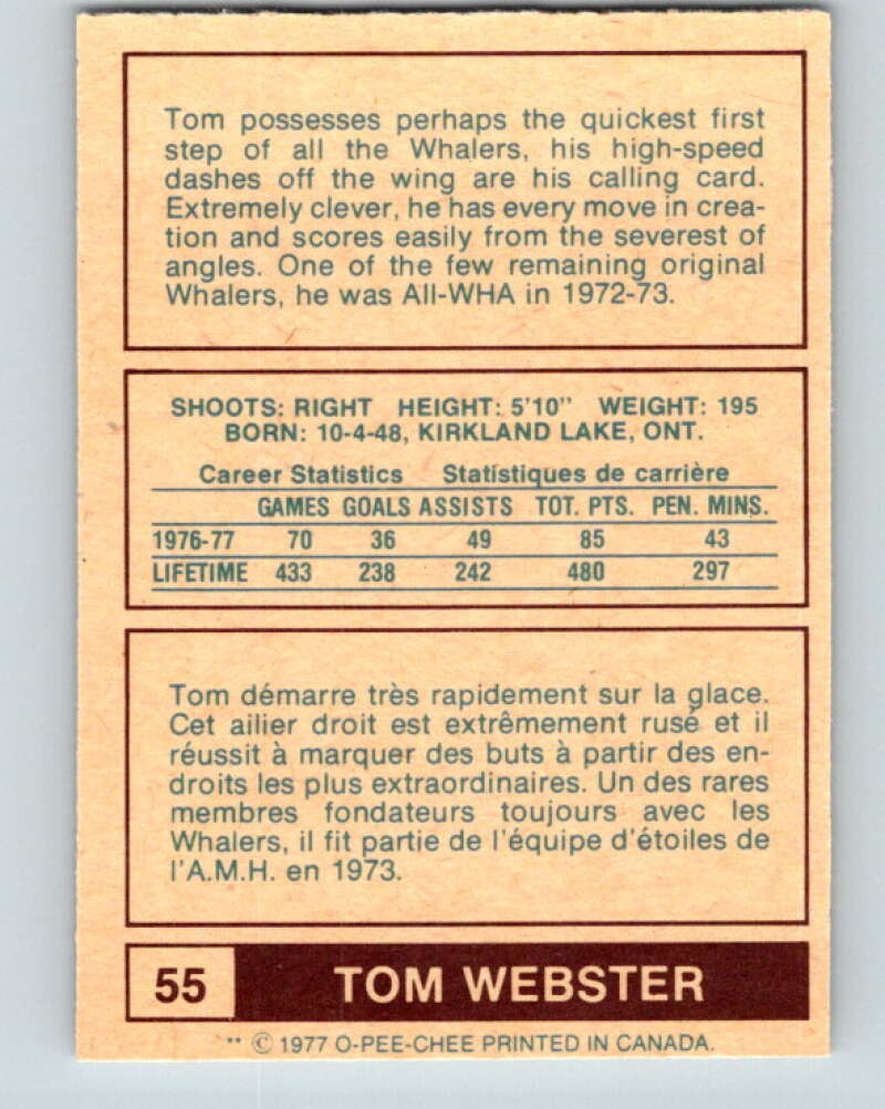 1977-78 WHA O-Pee-Chee #55 Tom Webster  New England Whalers  V7904