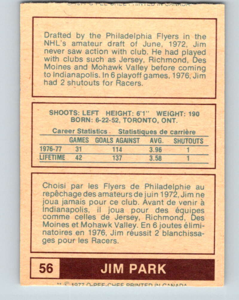 1977-78 WHA O-Pee-Chee #56 Jim Park  RC Rookie Indianapolis Racers  V7905