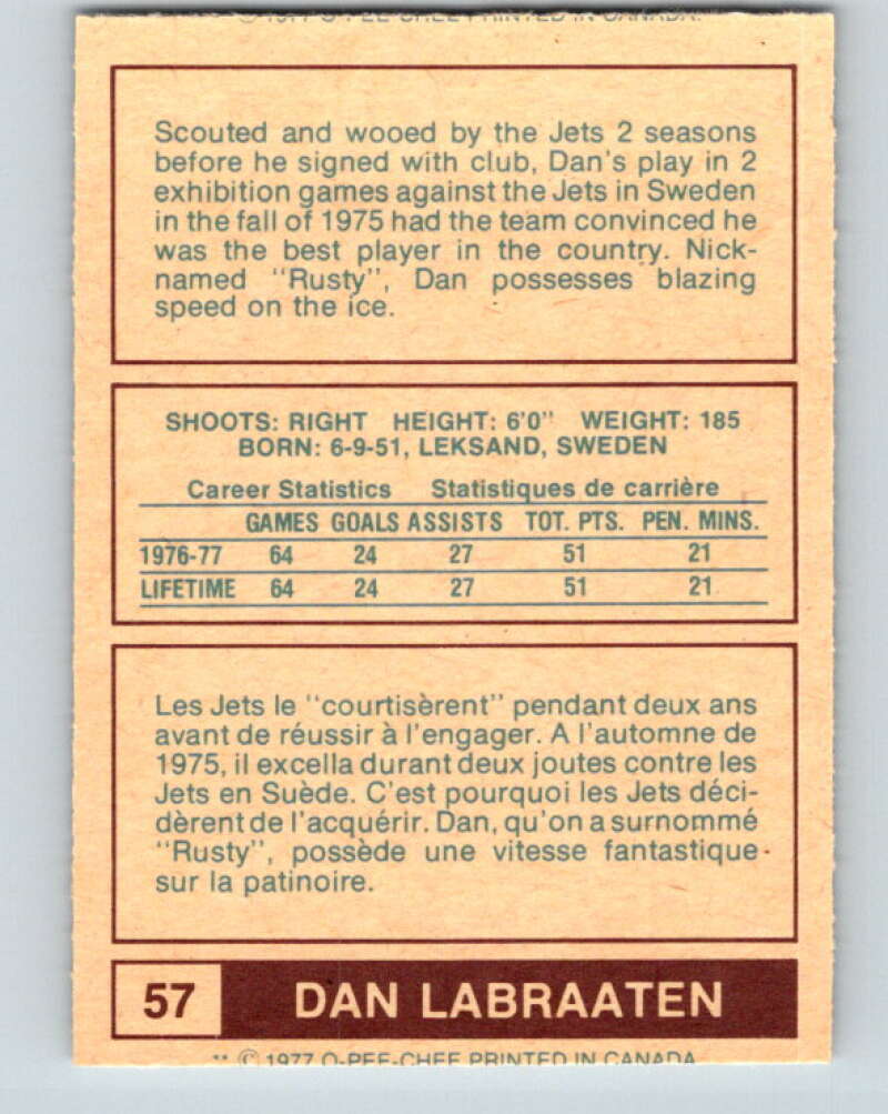 1977-78 WHA O-Pee-Chee #57 Dan Labraaten  RC Rookie Winnipeg Jets  V7908