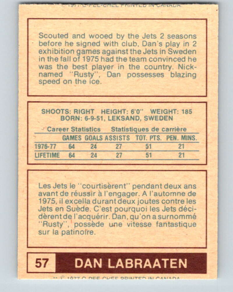 1977-78 WHA O-Pee-Chee #57 Dan Labraaten  RC Rookie Winnipeg Jets  V7909