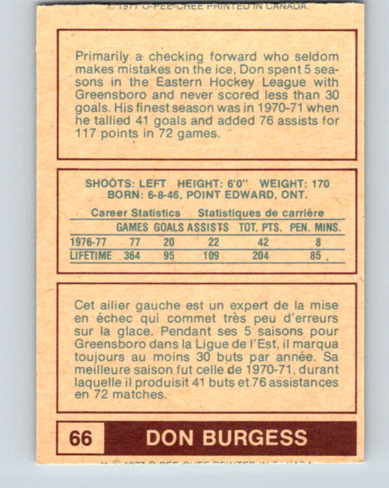 1977-78 WHA O-Pee-Chee #66 Don Burgess  Indianapolis Racers  V7916
