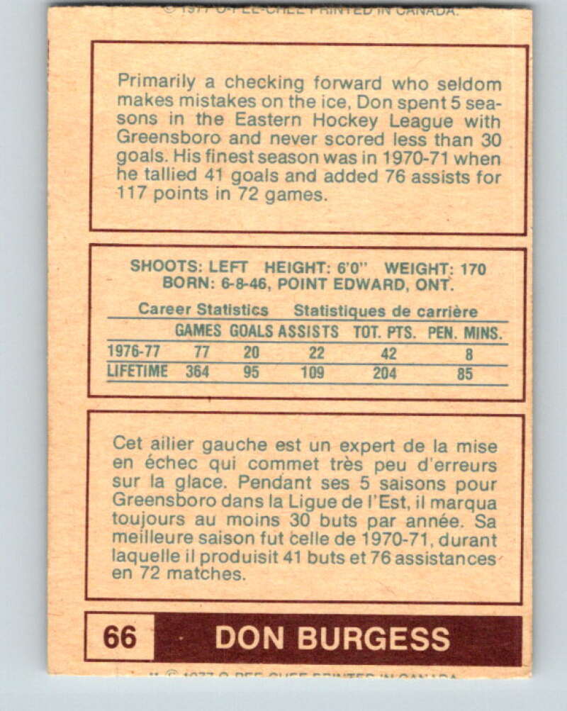1977-78 WHA O-Pee-Chee #66 Don Burgess  Indianapolis Racers  V7917