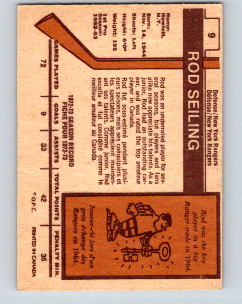1973-74 O-Pee-Chee #9 Rod Seiling  New York Rangers  V7952