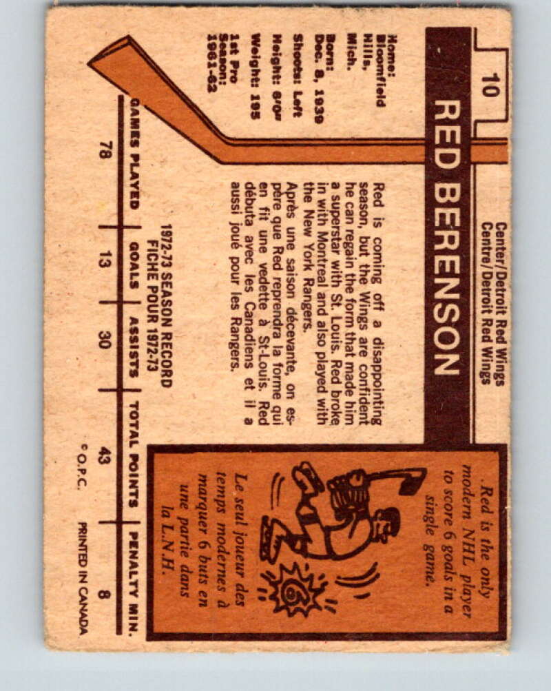 1973-74 O-Pee-Chee #10 Red Berenson  Detroit Red Wings  V7957
