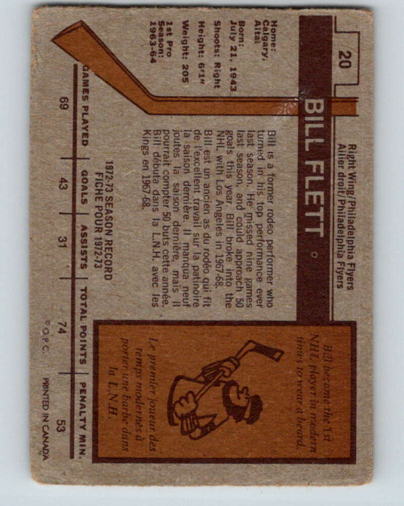 1973-74 O-Pee-Chee #20 Bill Flett  Philadelphia Flyers  V7999