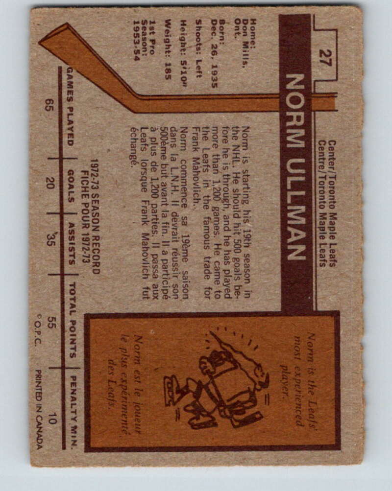 1973-74 O-Pee-Chee #27 Norm Ullman  Toronto Maple Leafs  V8026