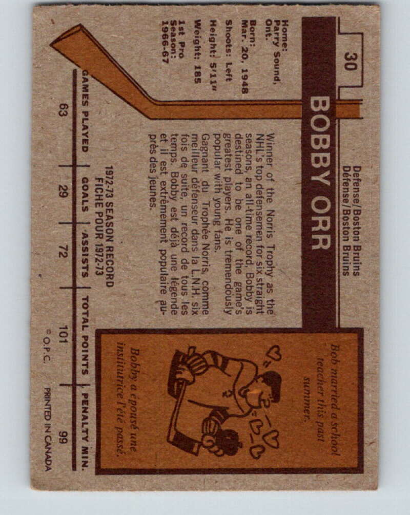 1973-74 O-Pee-Chee #30 Bobby Orr  Boston Bruins  V8043