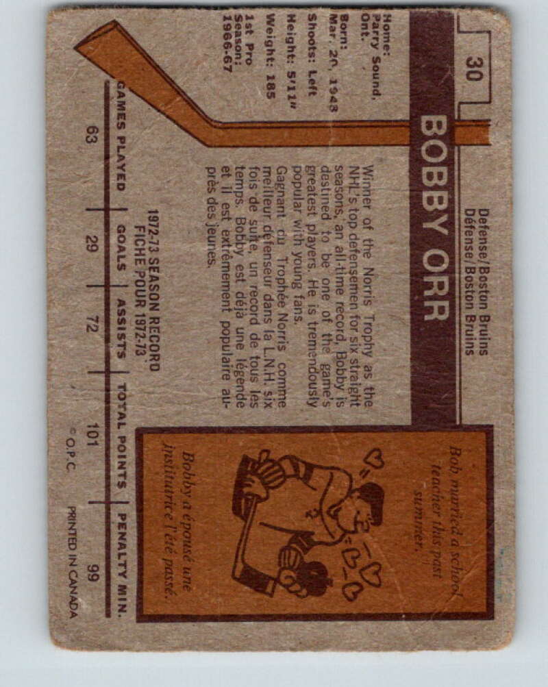1973-74 O-Pee-Chee #30 Bobby Orr  Boston Bruins  V8048
