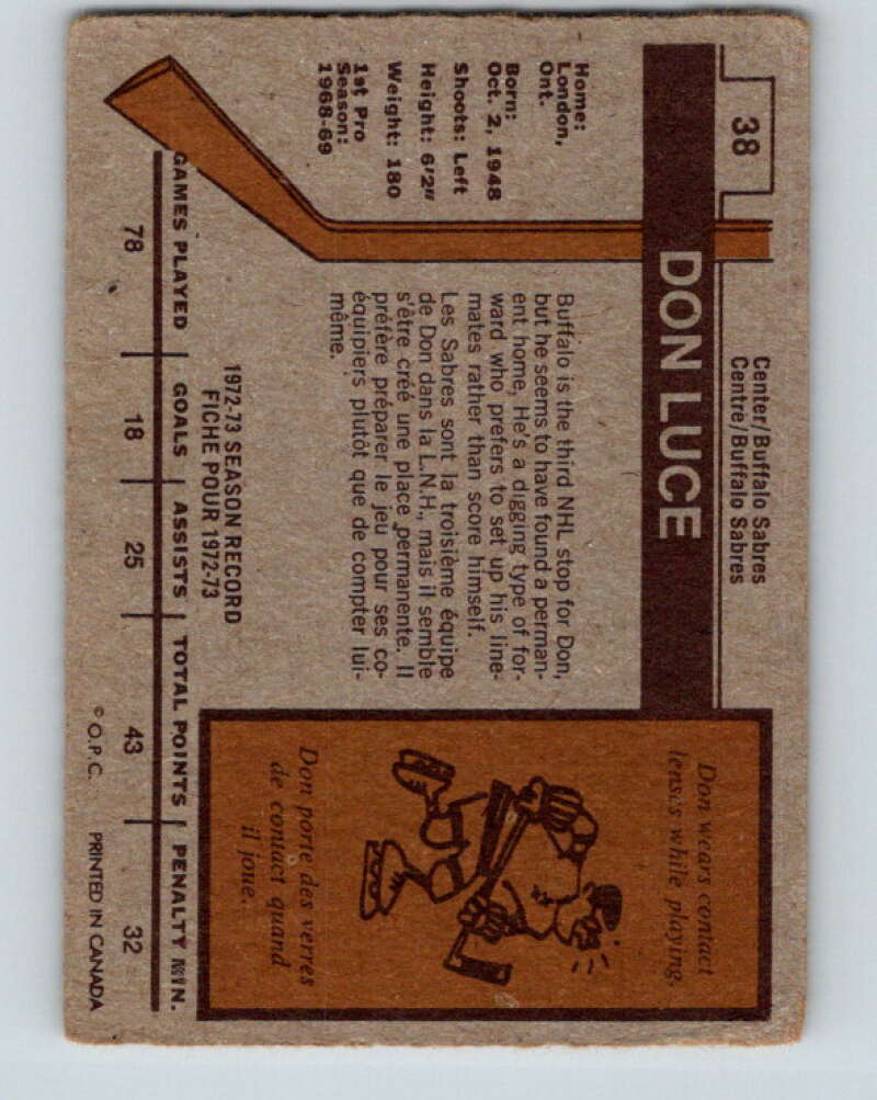 1973-74 O-Pee-Chee #38 Don Luce  Buffalo Sabres  V8072
