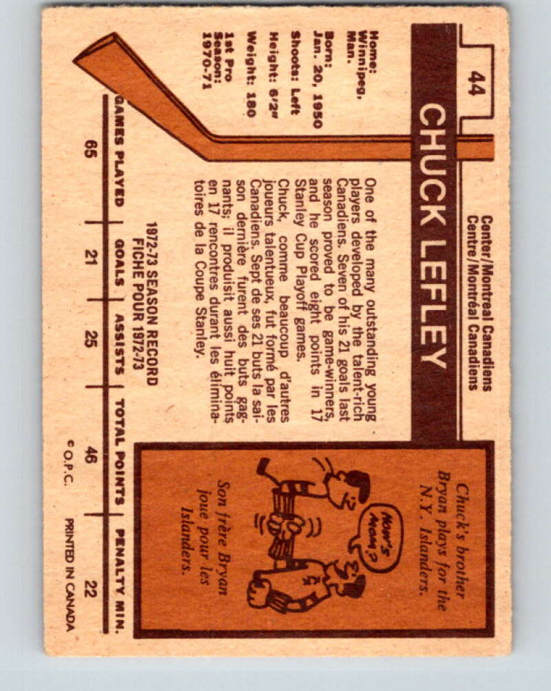 1973-74 O-Pee-Chee #44 Chuck Lefley  RC Rookie Montreal Canadiens  V8101