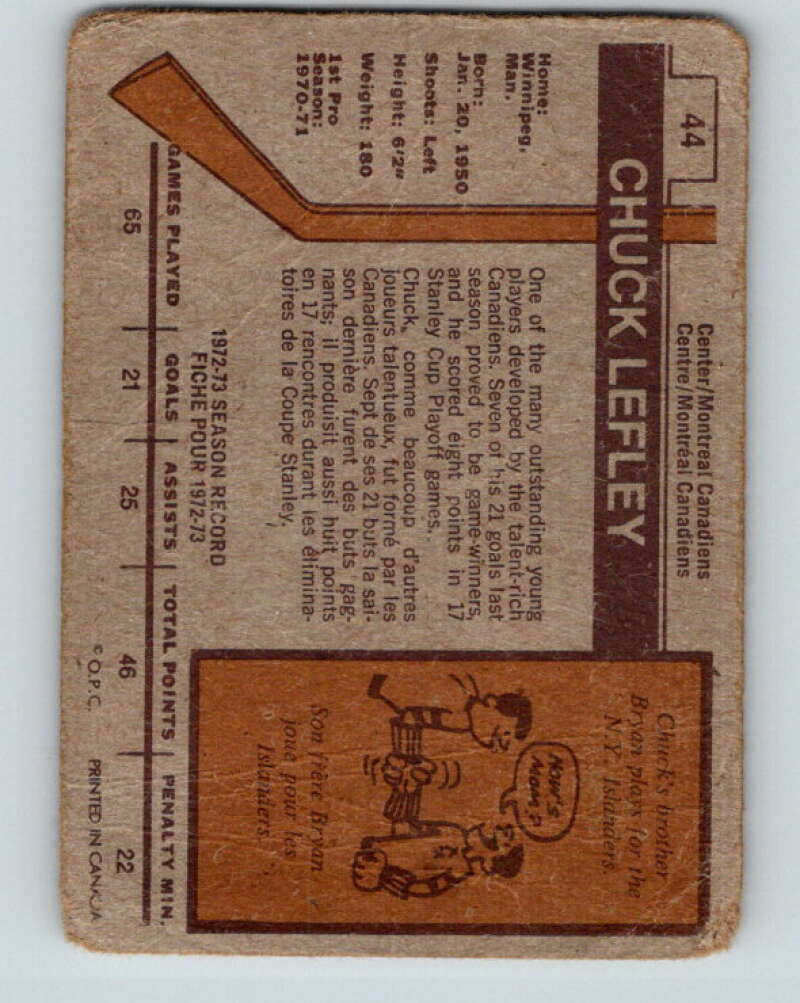 1973-74 O-Pee-Chee #44 Chuck Lefley  RC Rookie Montreal Canadiens  V8102