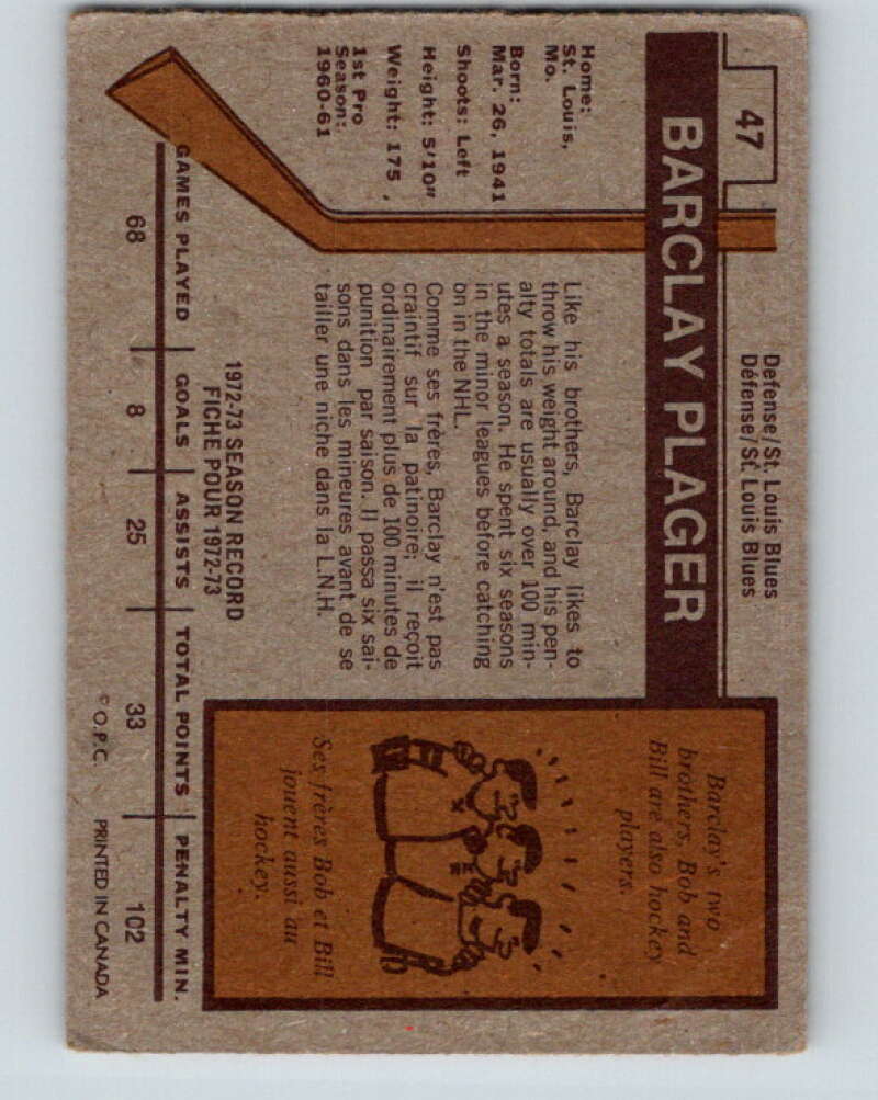 1973-74 O-Pee-Chee #47 Barclay Plager  St. Louis Blues  V8116