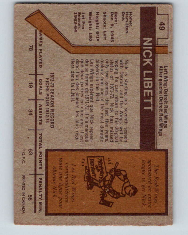 1973-74 O-Pee-Chee #49 Nick Libett  Detroit Red Wings  V8122