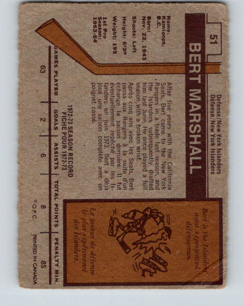 1973-74 O-Pee-Chee #51 Bert Marshall  New York Islanders  V8130