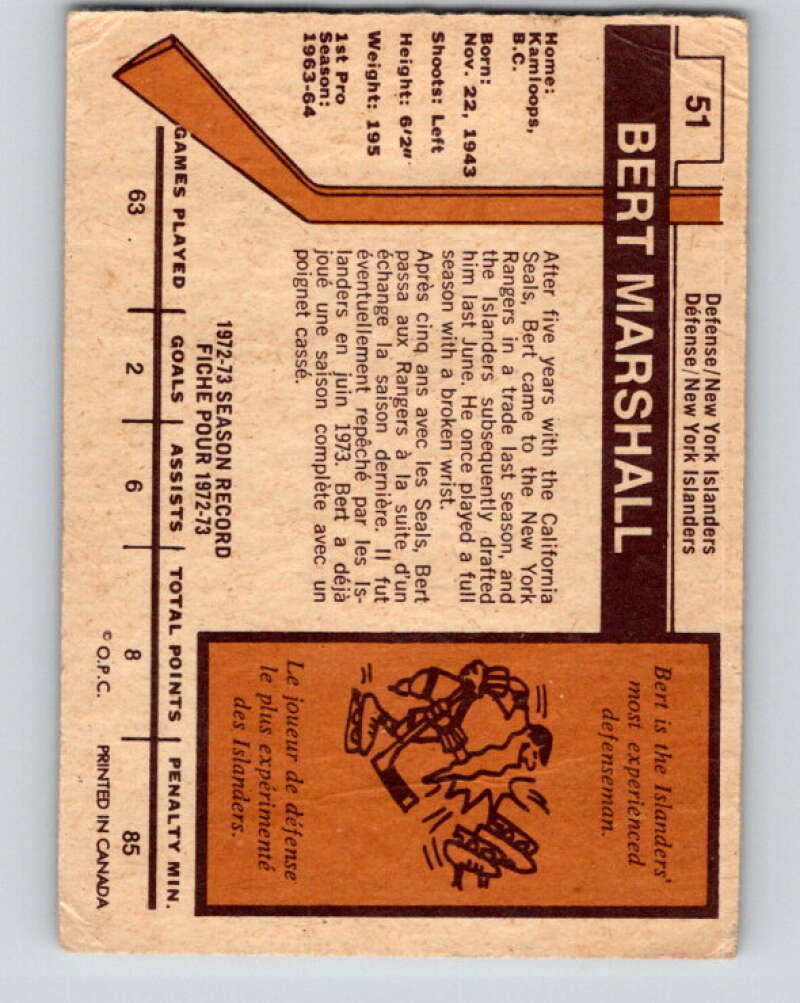 1973-74 O-Pee-Chee #51 Bert Marshall  New York Islanders  V8133