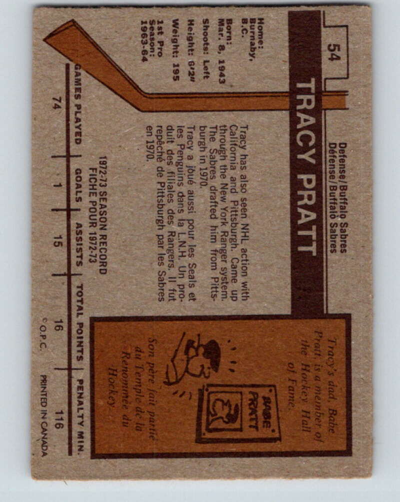 1973-74 O-Pee-Chee #54 Tracy Pratt  Buffalo Sabres  V8142
