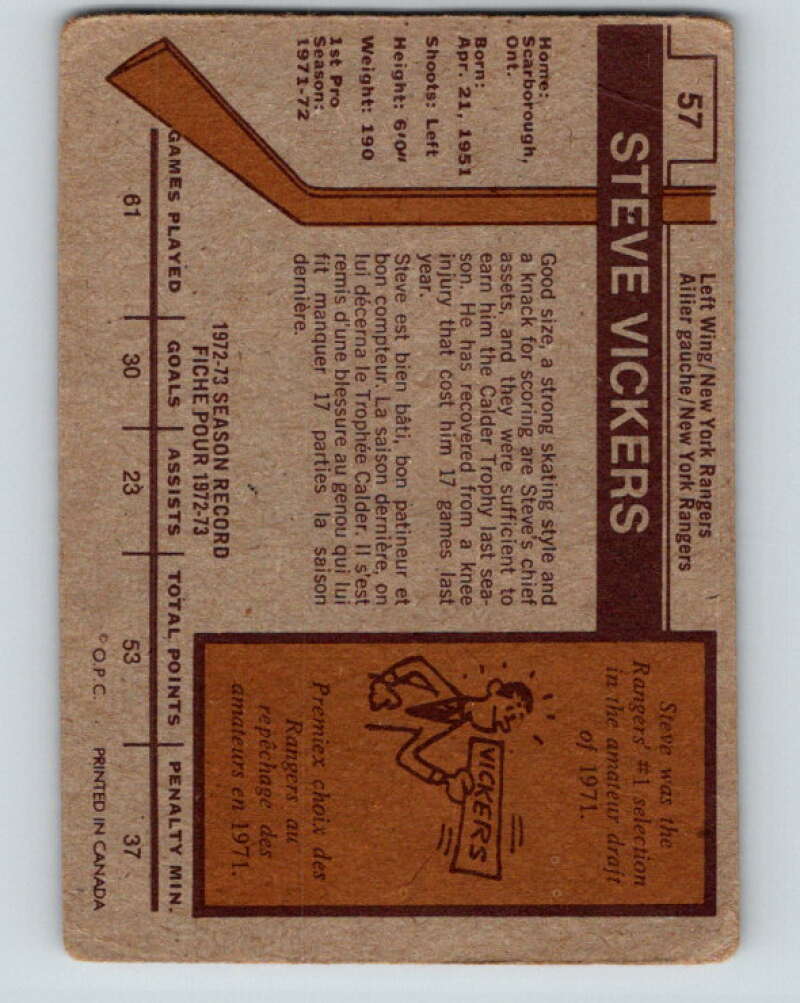 1973-74 O-Pee-Chee #57 Steve Vickers  New York Rangers  V8154