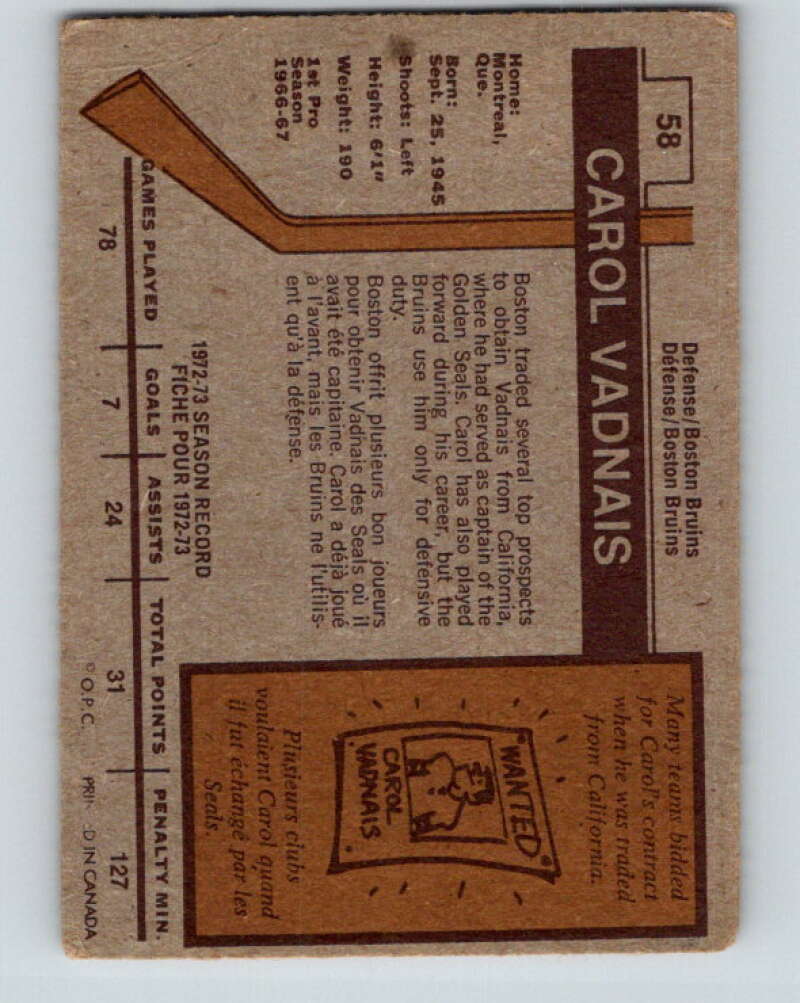 1973-74 O-Pee-Chee #58 Carol Vadnais  Boston Bruins  V8157