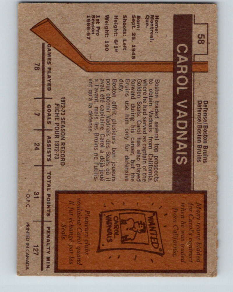 1973-74 O-Pee-Chee #58 Carol Vadnais  Boston Bruins  V8158