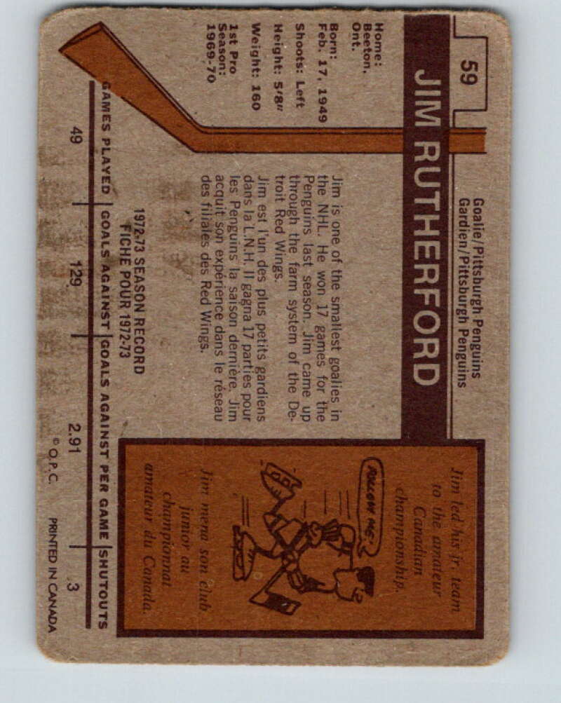1973-74 O-Pee-Chee #59 Jim Rutherford  Pittsburgh Penguins  V8163
