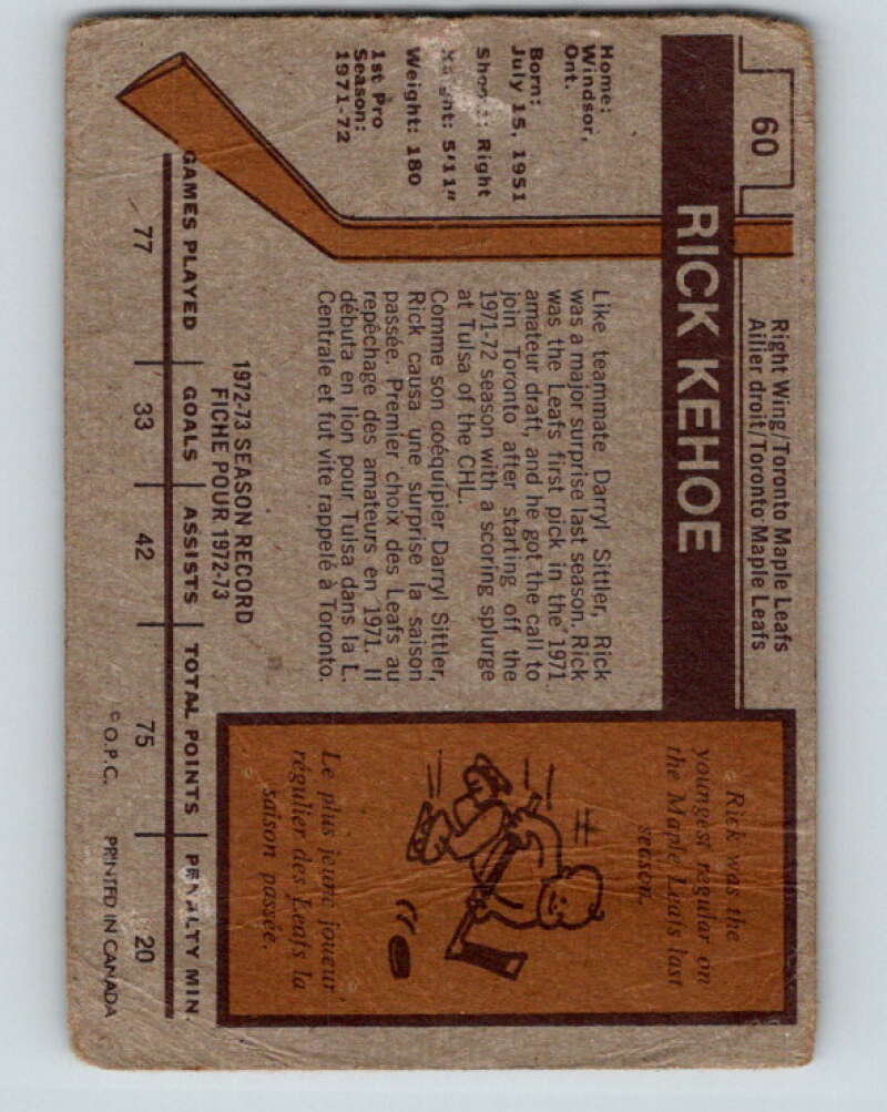 1973-74 O-Pee-Chee #60 Rick Kehoe  RC Rookie Toronto Maple Leafs  V8164