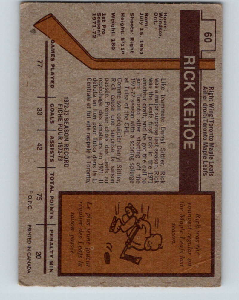 1973-74 O-Pee-Chee #60 Rick Kehoe  RC Rookie Toronto Maple Leafs  V8165