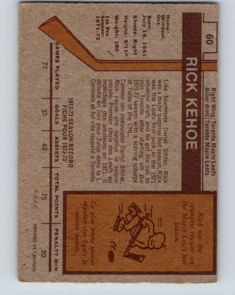 1973-74 O-Pee-Chee #60 Rick Kehoe  RC Rookie Toronto Maple Leafs  V8168