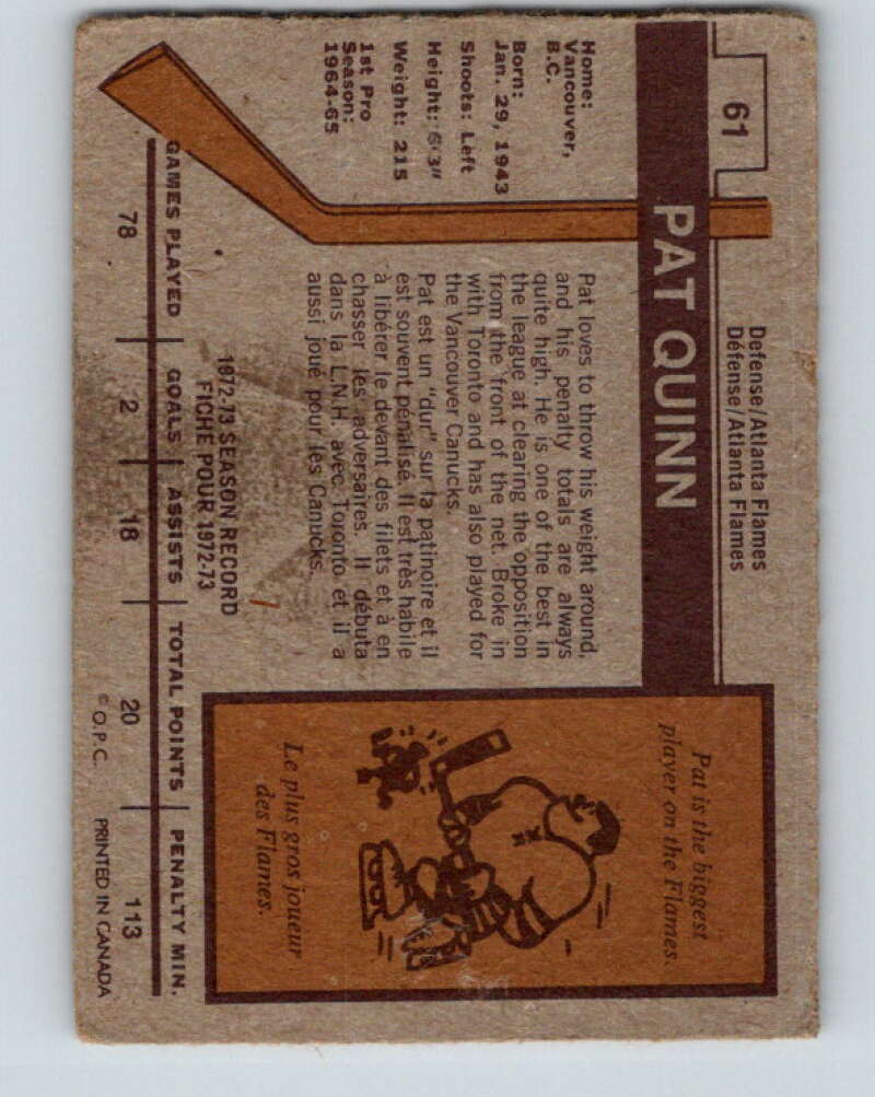 1973-74 O-Pee-Chee #61 Pat Quinn  Atlanta Flames  V8170