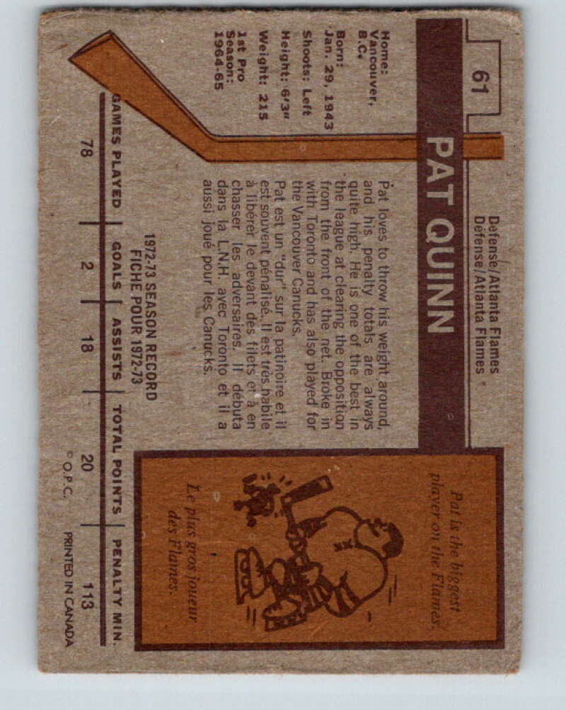 1973-74 O-Pee-Chee #61 Pat Quinn  Atlanta Flames  V8172