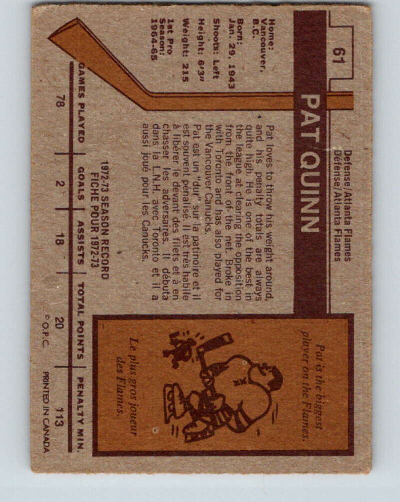 1973-74 O-Pee-Chee #61 Pat Quinn  Atlanta Flames  V8173