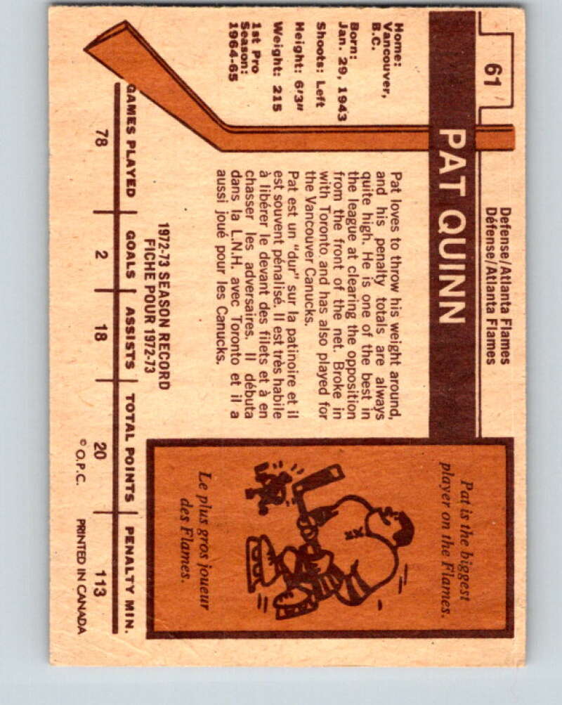 1973-74 O-Pee-Chee #61 Pat Quinn  Atlanta Flames  V8174