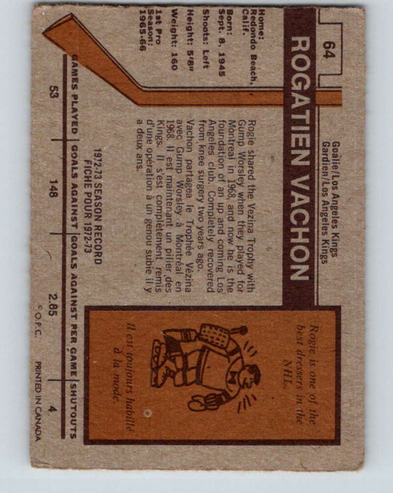 1973-74 O-Pee-Chee #64 Rogie Vachon  Los Angeles Kings  V8183