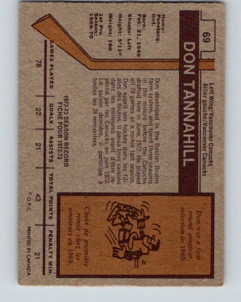 1973-74 O-Pee-Chee #69 Don Tannahill  Vancouver Canucks  V8206