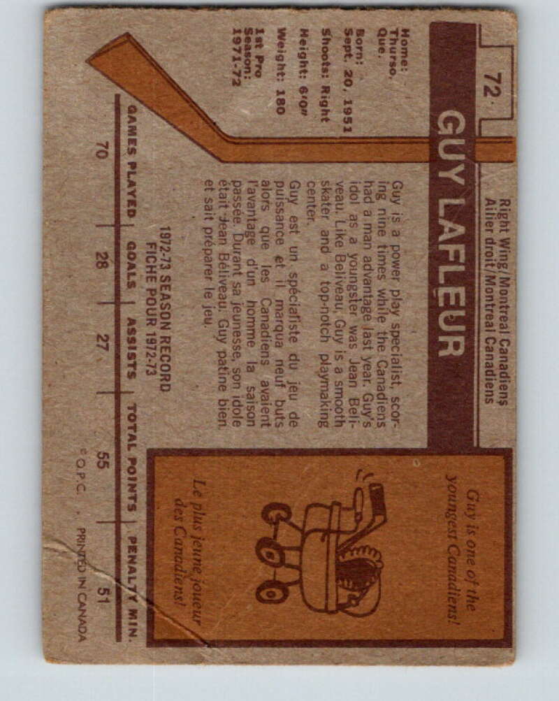1973-74 O-Pee-Chee #72 Guy Lafleur  Montreal Canadiens  V8221