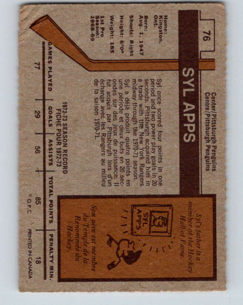 1973-74 O-Pee-Chee #76 Syl Apps Jr.  Pittsburgh Penguins  V8235