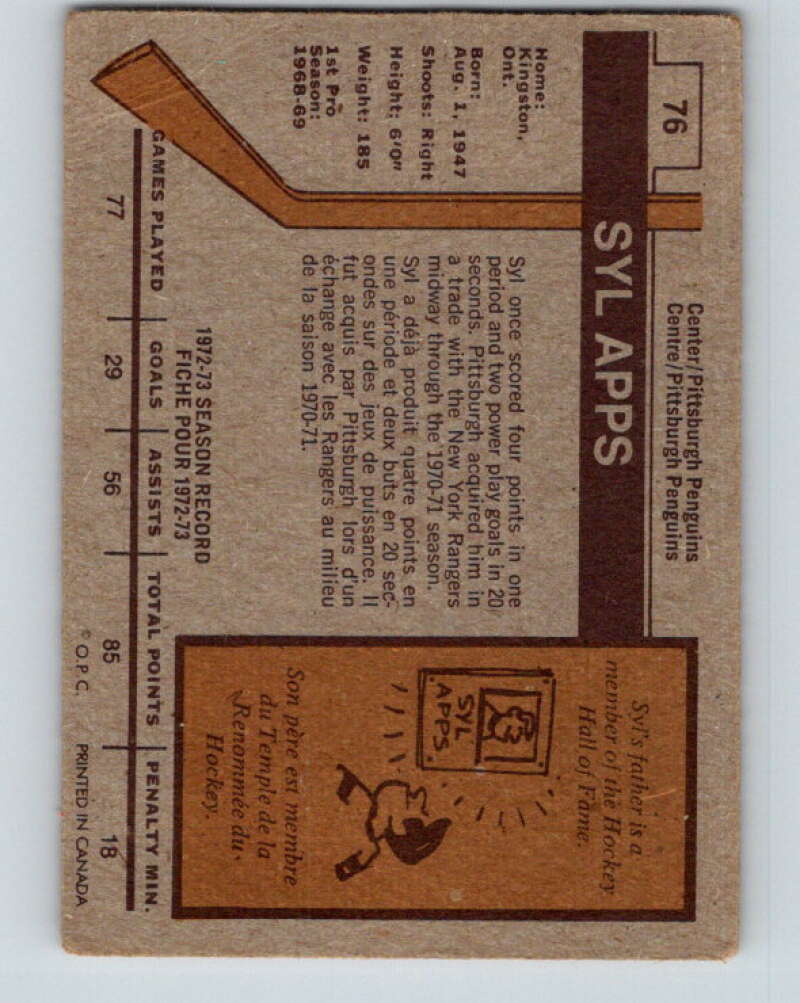 1973-74 O-Pee-Chee #76 Syl Apps Jr.  Pittsburgh Penguins  V8239