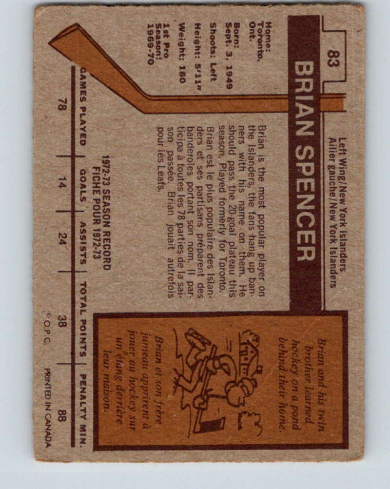 1973-74 O-Pee-Chee #83 Brian Spencer  New York Islanders  V8265