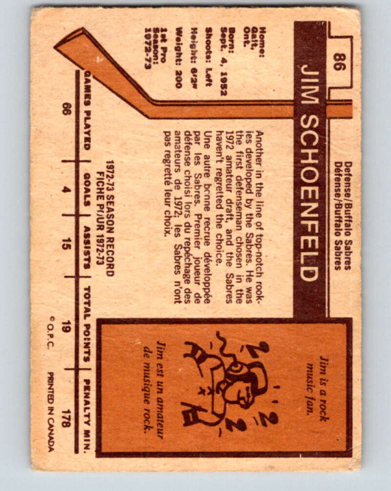 1973-74 O-Pee-Chee #86 Jim Schoenfeld  Buffalo Sabres  V8282
