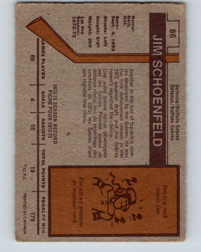 1973-74 O-Pee-Chee #86 Jim Schoenfeld  Buffalo Sabres  V8284