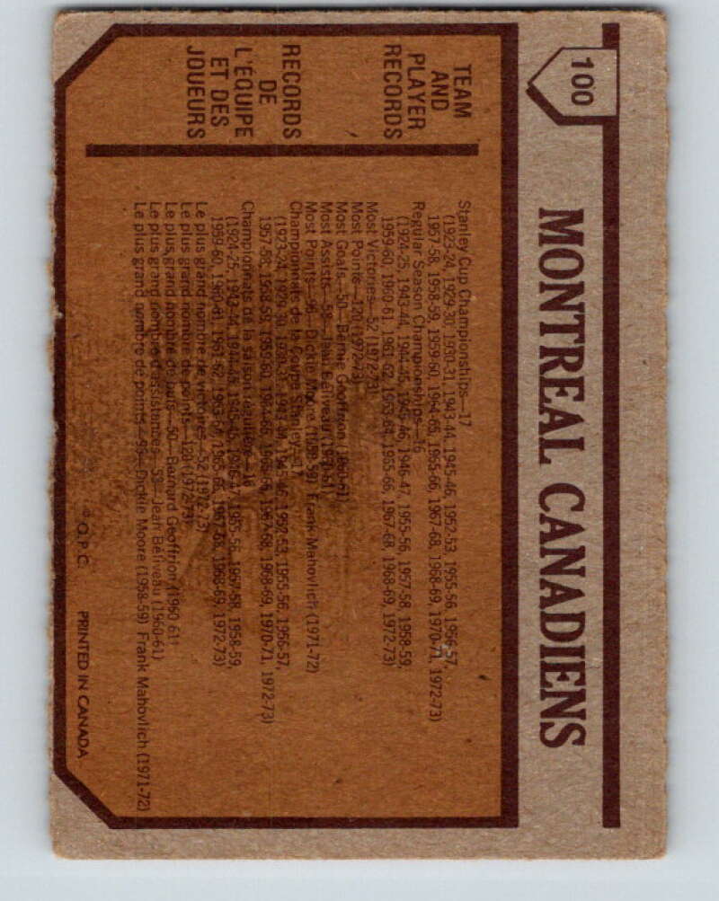 1973-74 O-Pee-Chee #100 Canadiens Team  Montreal Canadiens  V8327