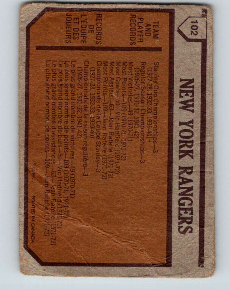 1973-74 O-Pee-Chee #102 Rangers Team  New York Rangers  V8328