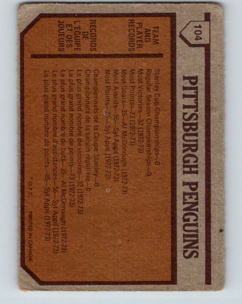 1973-74 O-Pee-Chee #104 Penguins Team  Pittsburgh Penguins  V8334