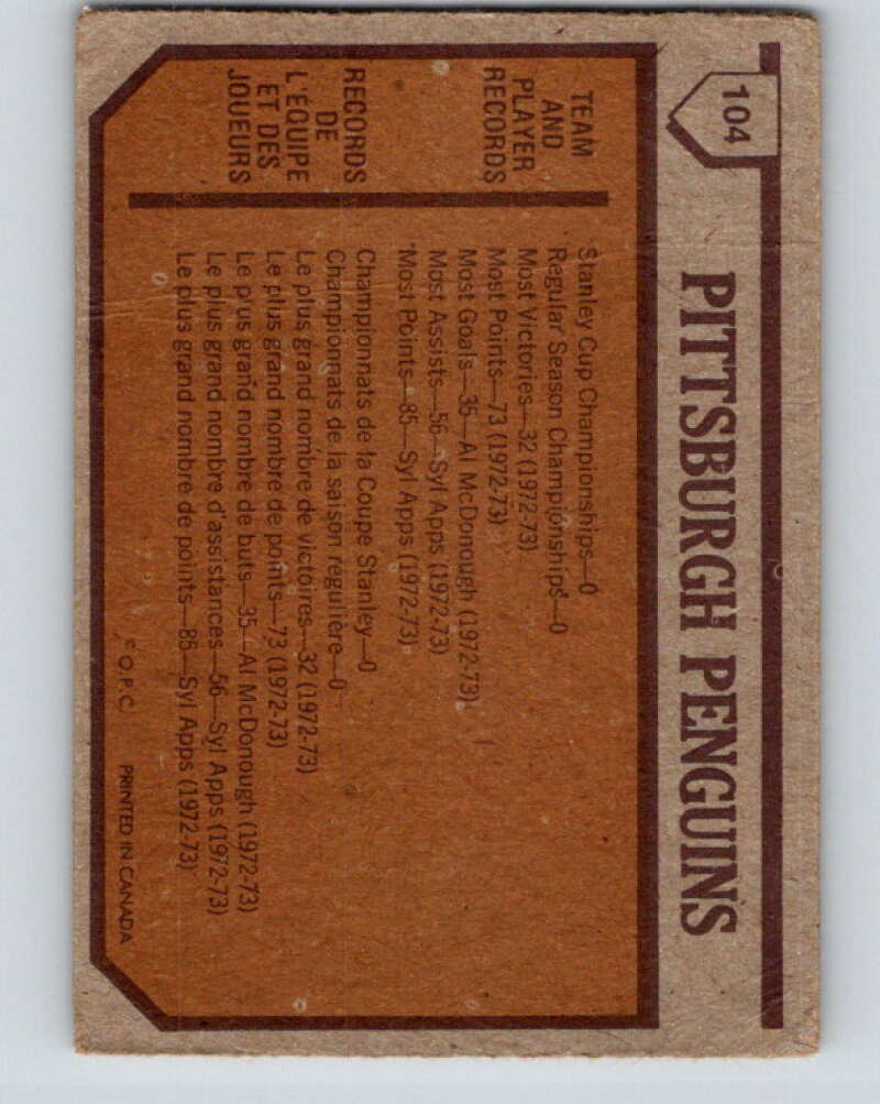 1973-74 O-Pee-Chee #104 Penguins Team  Pittsburgh Penguins  V8335