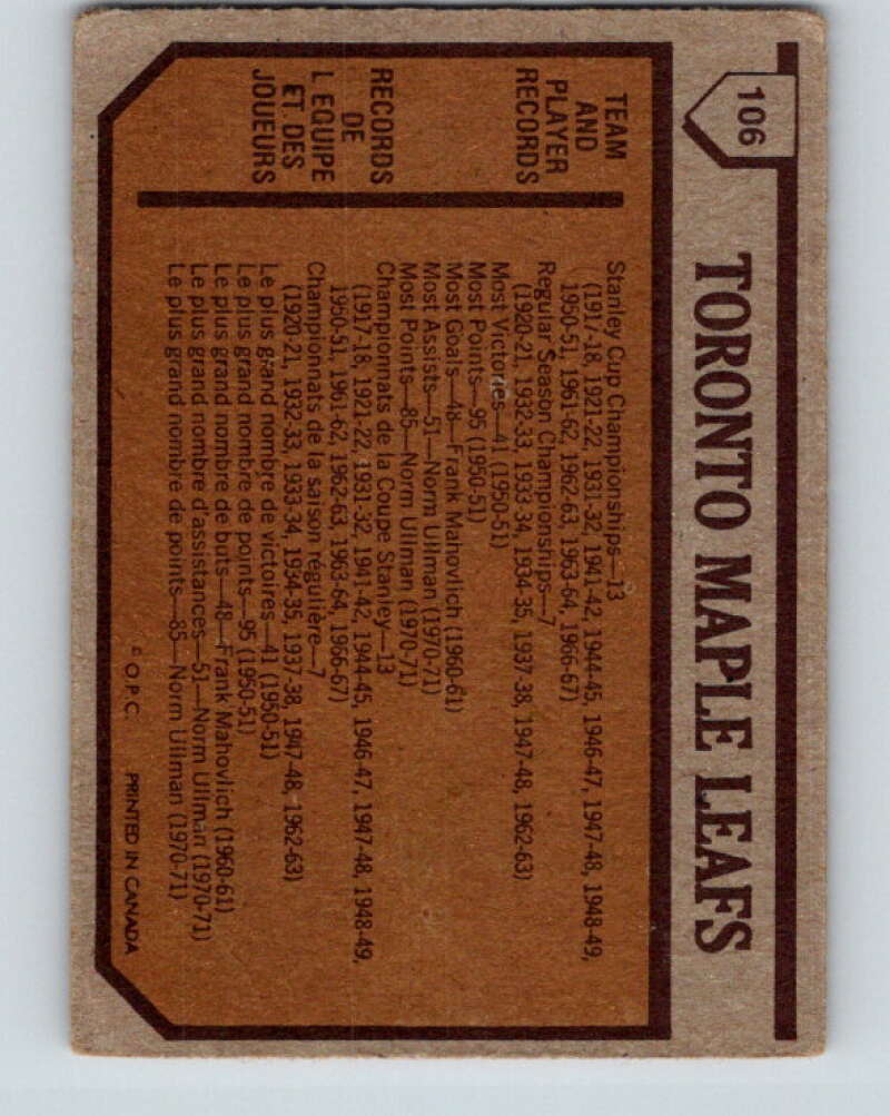 1973-74 O-Pee-Chee #106 Maple Leafs Team  Toronto Maple Leafs  V8338
