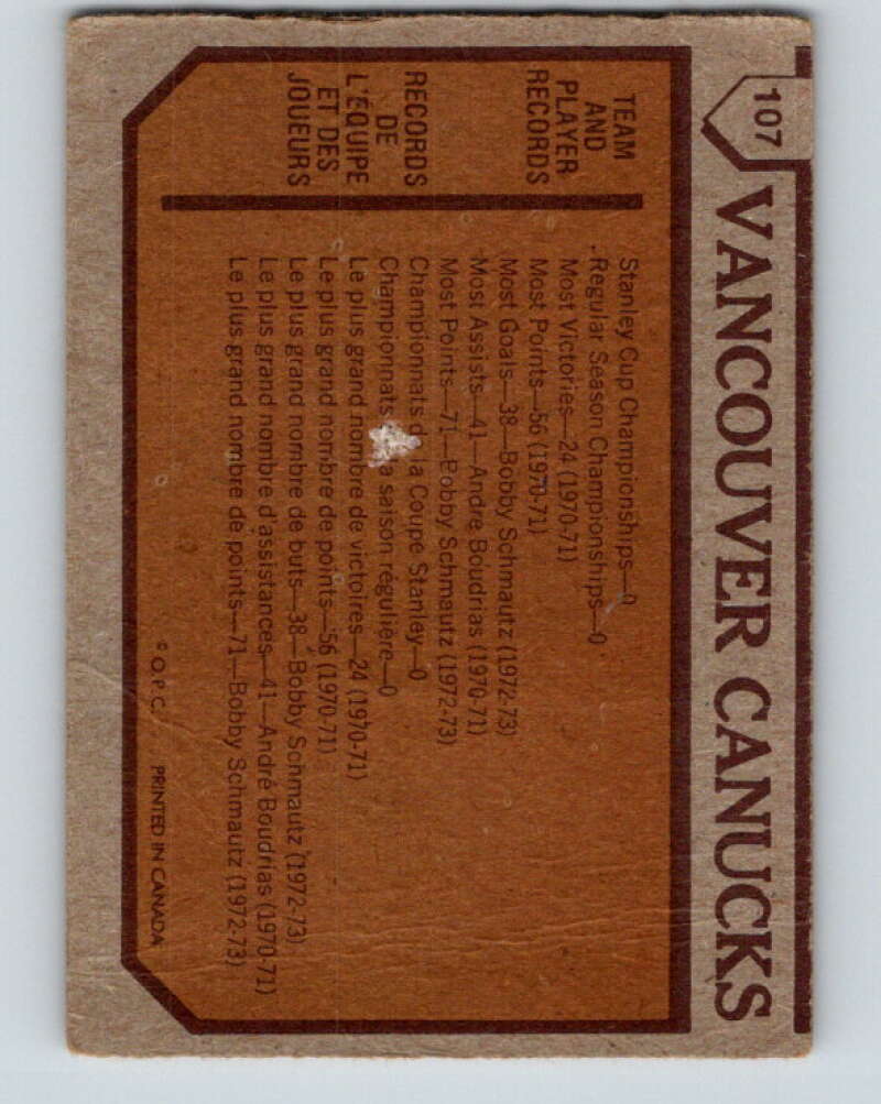 1973-74 O-Pee-Chee #107 Canucks Team  Vancouver Canucks  V8339